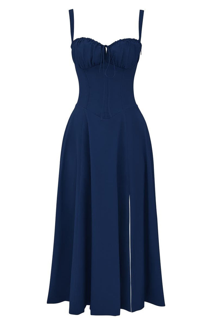 Elegantes Midikleid mit Korsett-Design, betont Taille, fließender Rock. Perfekt für elegante Anlässe in Blau, Rosa, Schwarz.