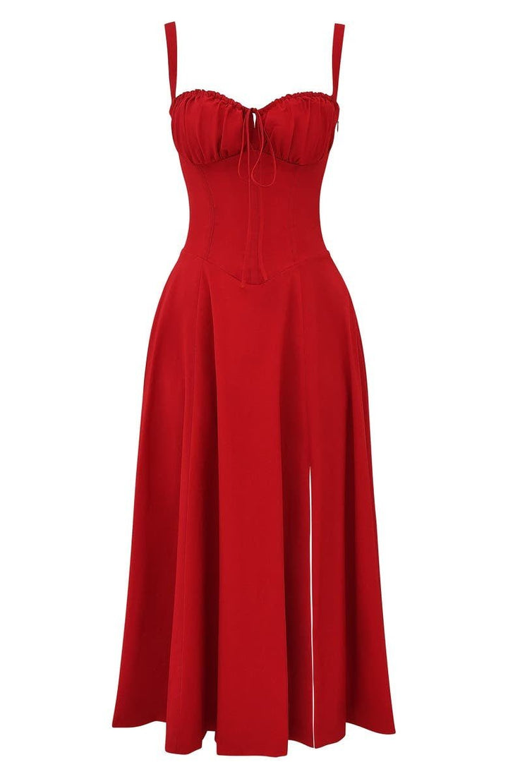 Elegantes Midikleid mit Korsett-Design, betont Taille, fließender Rock. Perfekt für elegante Anlässe in Blau, Rosa, Schwarz.