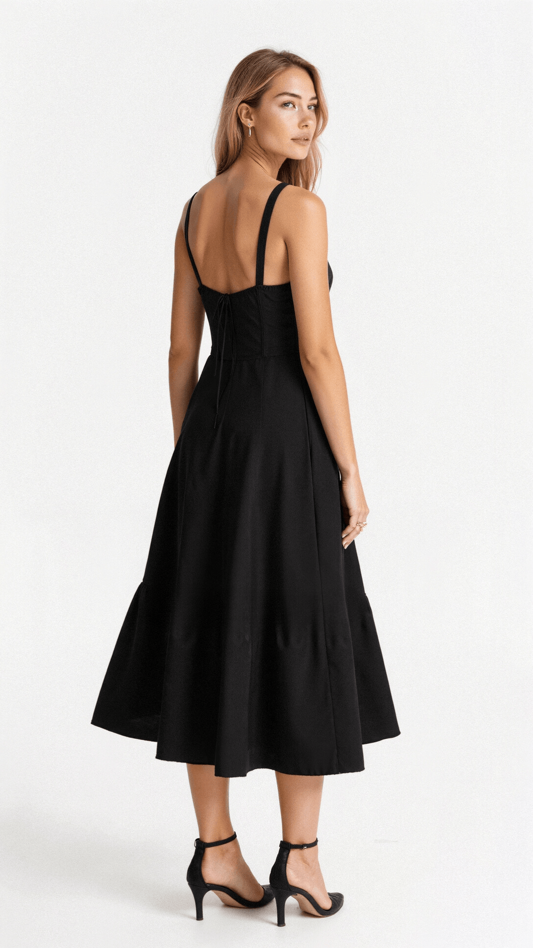 Elegantes Midikleid mit Korsett-Design, betont Taille, fließender Rock. Perfekt für elegante Anlässe in Blau, Rosa, Schwarz.