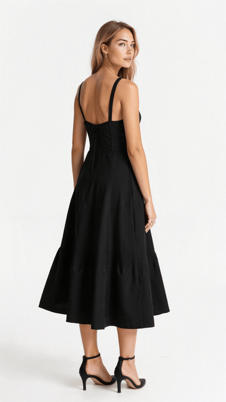 Elegantes Midikleid mit Korsett-Design, betont Taille, fließender Rock. Perfekt für elegante Anlässe in Blau, Rosa, Schwarz.