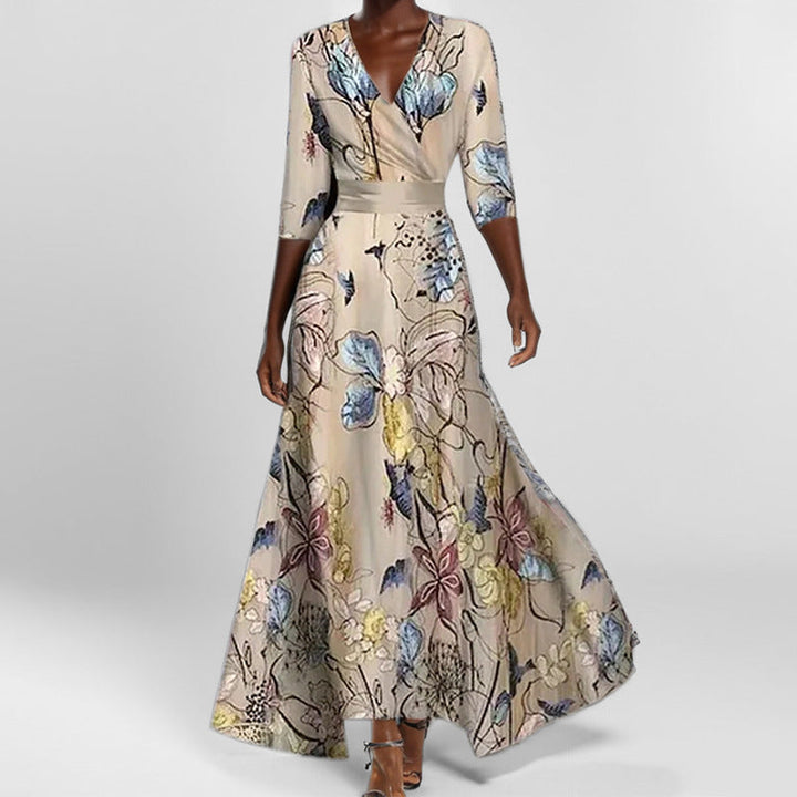Elegantes V-Ausschnitt Damenkleid mit bedrucktem Schößchendesign und halbem Ärmel für stilvolle Auftritte.