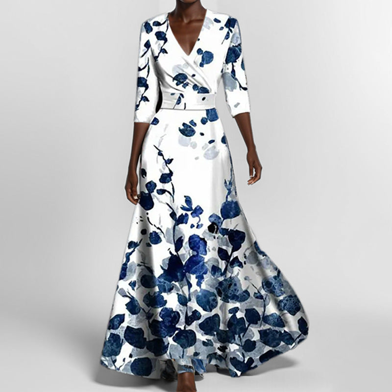 Elegantes V-Ausschnitt Damenkleid mit bedrucktem Schößchendesign und halbem Ärmel für stilvolle Auftritte.