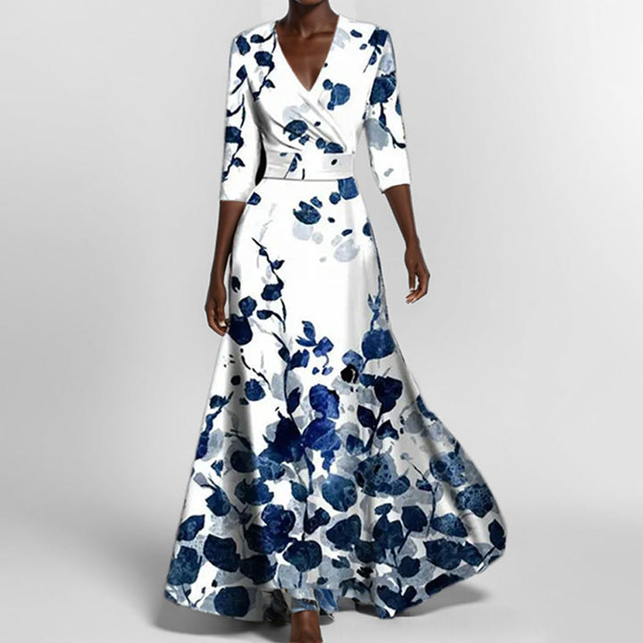Elegantes V-Ausschnitt Damenkleid mit bedrucktem Schößchendesign und halbem Ärmel für stilvolle Auftritte.