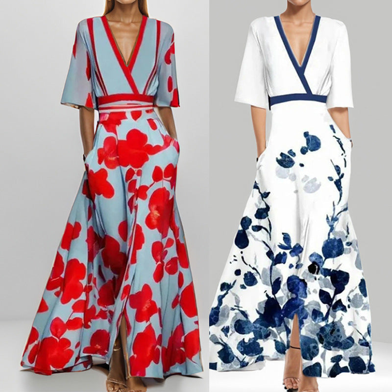 Elegantes V-Ausschnitt Damenkleid mit bedrucktem Schößchendesign und halbem Ärmel für stilvolle Auftritte.