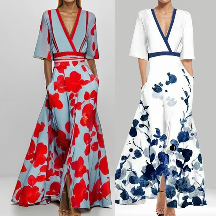 Elegantes V-Ausschnitt Damenkleid mit bedrucktem Schößchendesign und halbem Ärmel für stilvolle Auftritte.