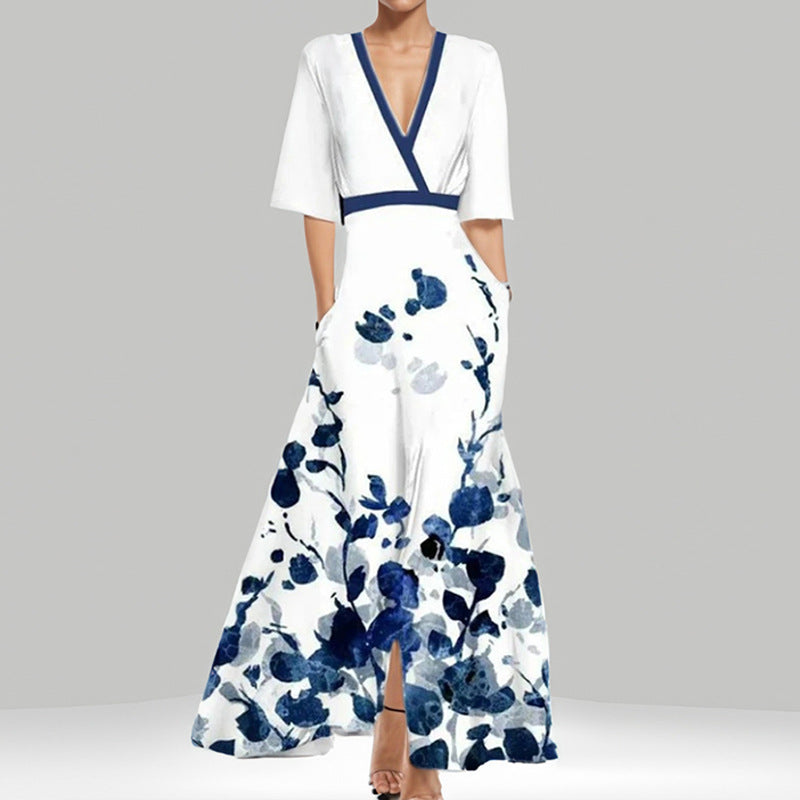 Elegantes V-Ausschnitt Damenkleid mit bedrucktem Schößchendesign und halbem Ärmel für stilvolle Auftritte.