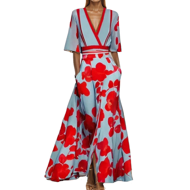 Elegantes V-Ausschnitt Damenkleid mit bedrucktem Schößchendesign und halbem Ärmel für stilvolle Auftritte.
