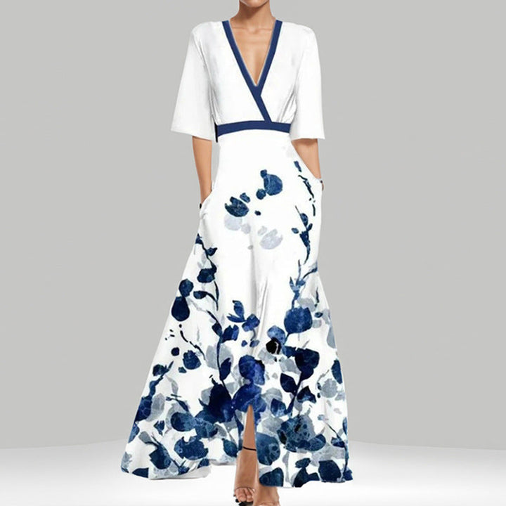 Elegantes V-Ausschnitt Damenkleid mit bedrucktem Schößchendesign und halbem Ärmel für stilvolle Auftritte.