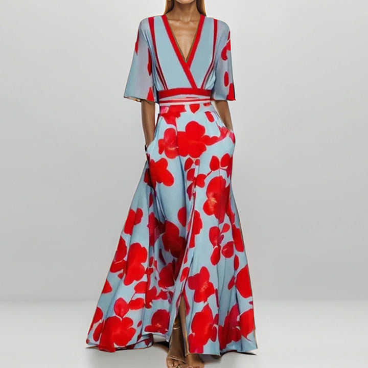 Elegantes V-Ausschnitt Damenkleid mit bedrucktem Schößchendesign und halbem Ärmel für stilvolle Auftritte.