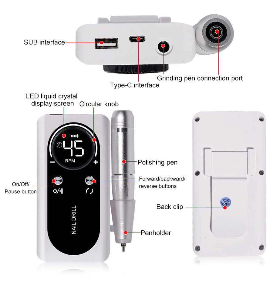 Elektrische Nagelfeile mit 45000RPM, tragbar, leise, USB-wiederaufladbar; modern und handlich, ideal für Nail Art.
