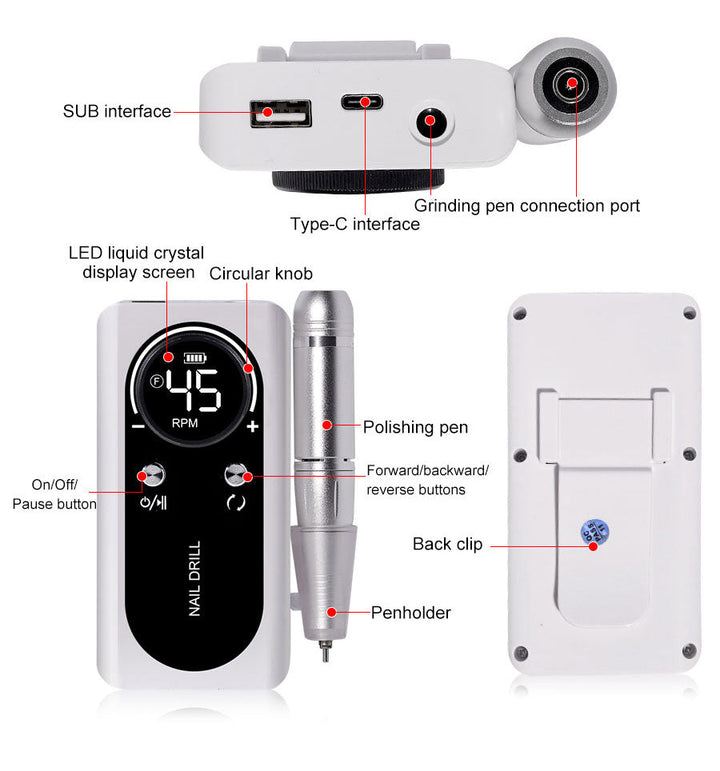 Elektrische Nagelfeile mit 45000RPM, tragbar, leise, USB-wiederaufladbar; modern und handlich, ideal für Nail Art.