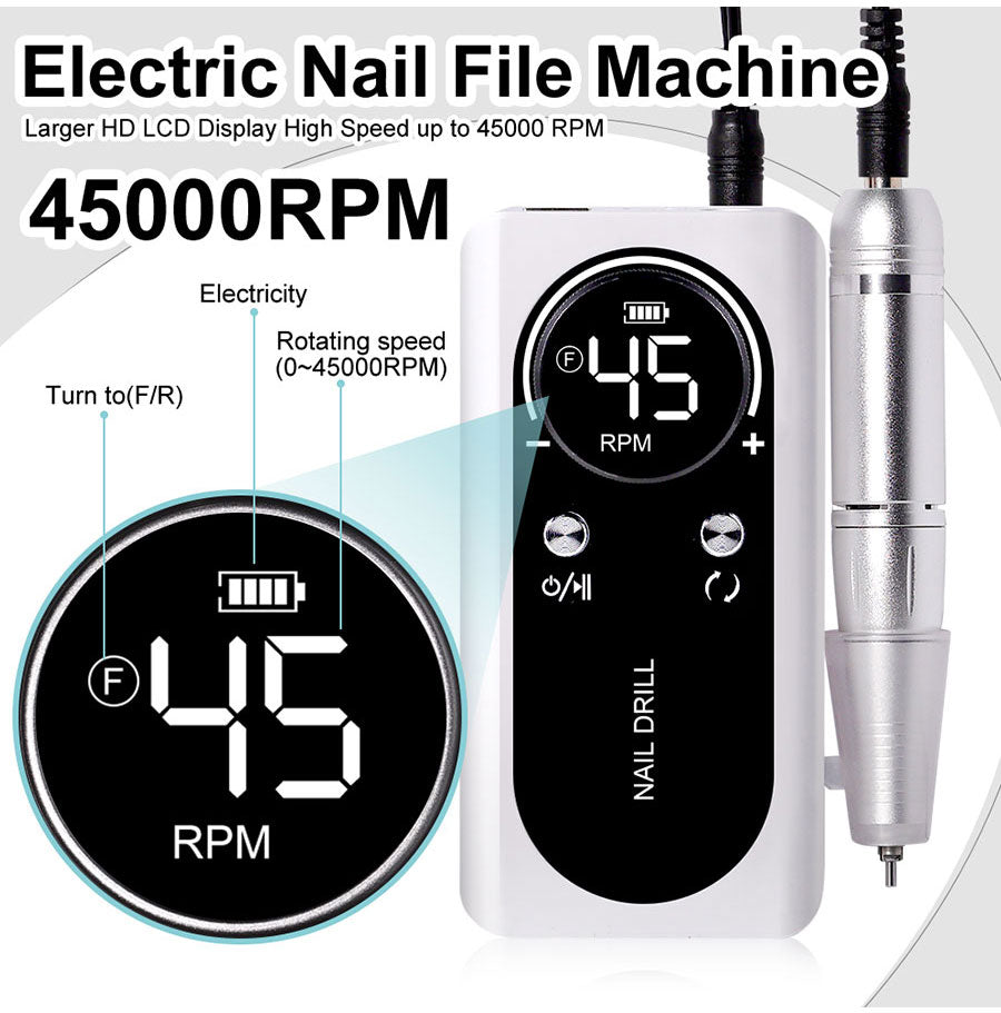 Elektrische Nagelfeile mit 45000RPM, tragbar, leise, USB-wiederaufladbar; modern und handlich, ideal für Nail Art.