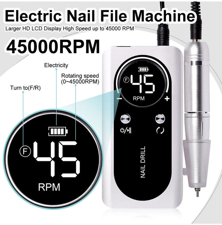 Elektrische Nagelfeile mit 45000RPM, tragbar, leise, USB-wiederaufladbar; modern und handlich, ideal für Nail Art.