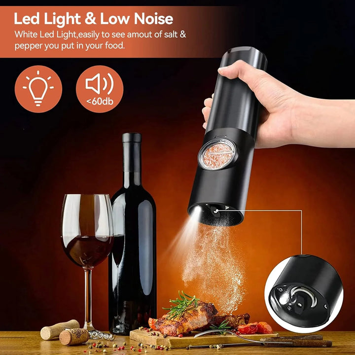 "Elektrische Salz- und Pfeffermühle aus Edelstahl mit USB-Akku; modernes Design, LED-Licht, ideal fürs Gewürzen."