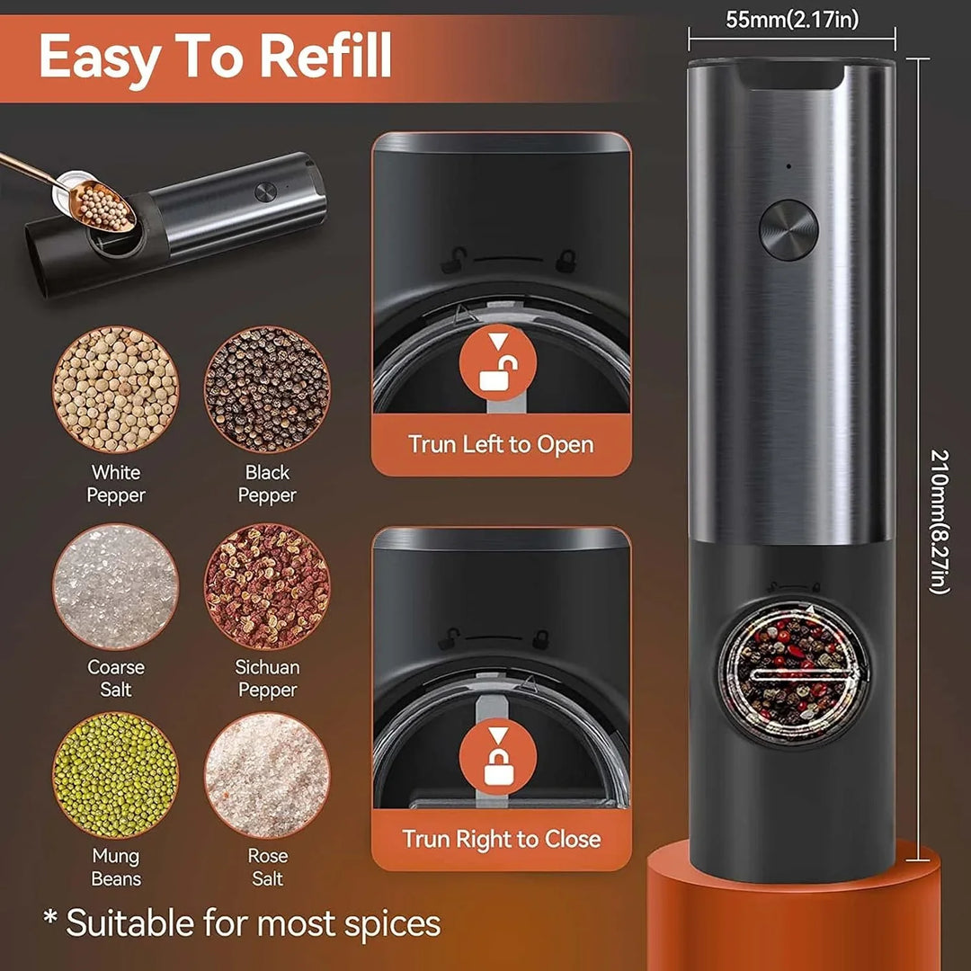 "Elektrische Salz- und Pfeffermühle aus Edelstahl mit USB-Akku; modernes Design, LED-Licht, ideal fürs Gewürzen."