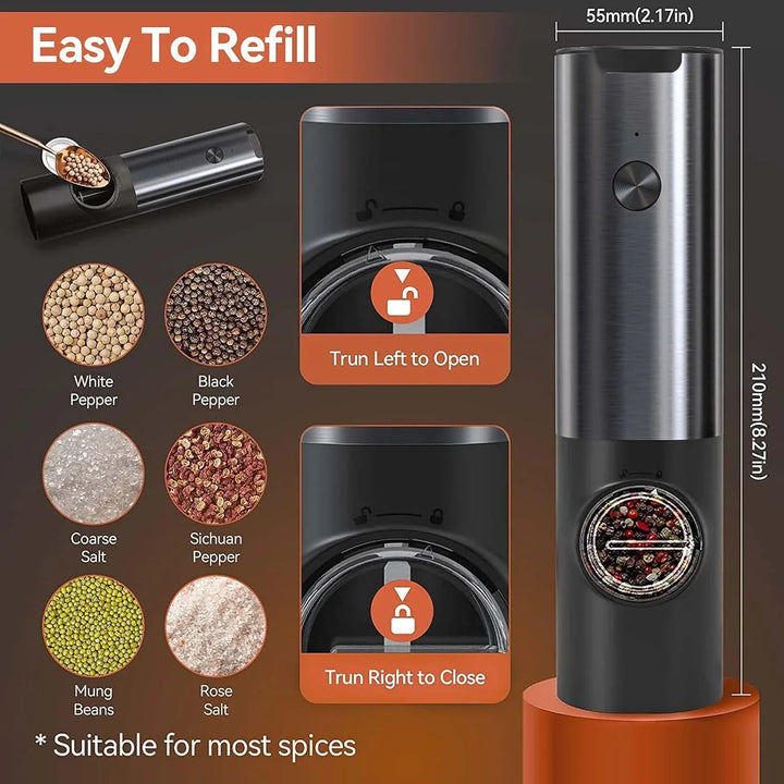 "Elektrische Salz- und Pfeffermühle aus Edelstahl mit USB-Akku; modernes Design, LED-Licht, ideal fürs Gewürzen."