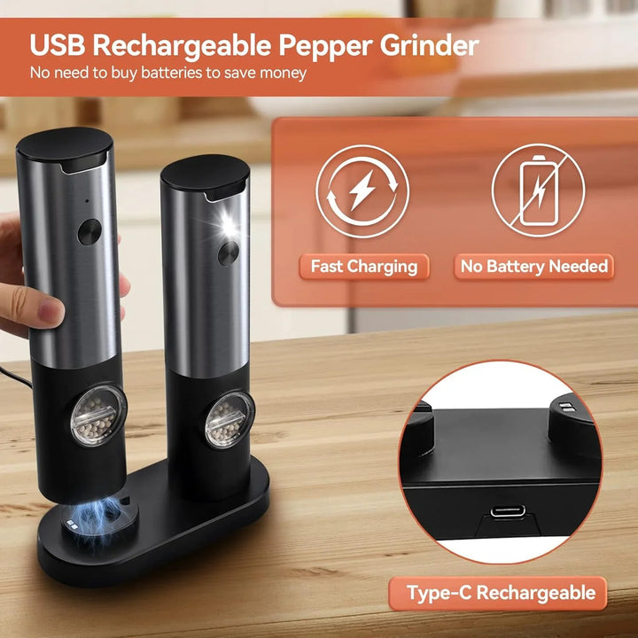 "Elektrische Salz- und Pfeffermühle aus Edelstahl mit USB-Akku; modernes Design, LED-Licht, ideal fürs Gewürzen."