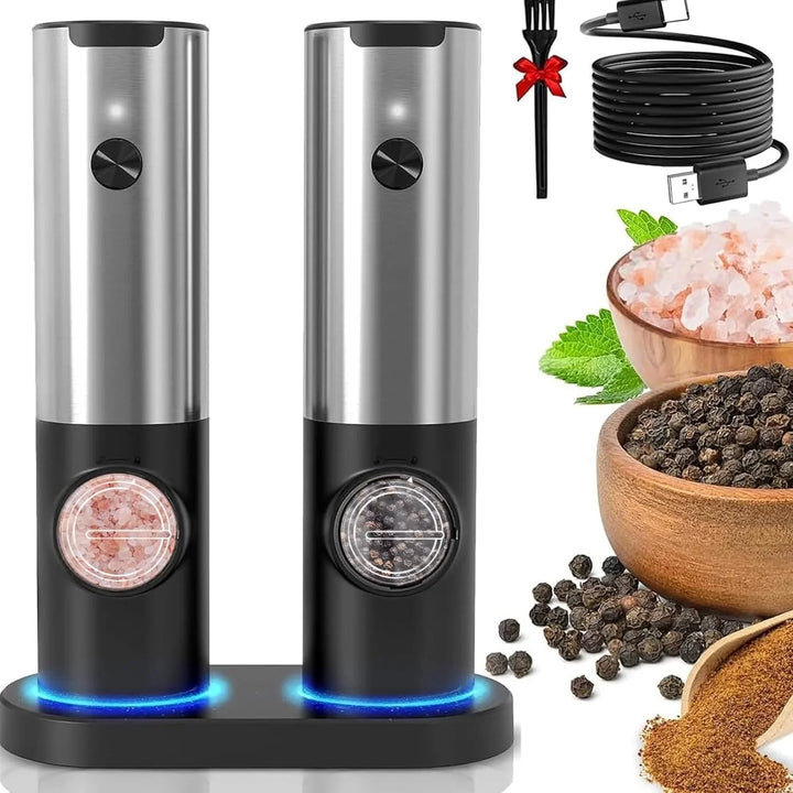 "Elektrische Salz- und Pfeffermühle aus Edelstahl mit USB-Akku; modernes Design, LED-Licht, ideal fürs Gewürzen."