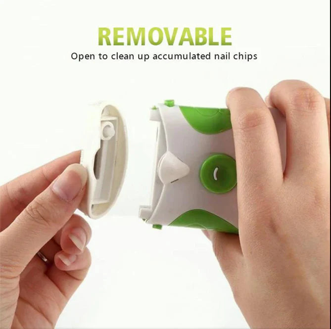 Elektrischer Nagelschneider: Kompaktes Gerät mit ergonomischem Griff und Feilenfunktion für präzise Nagelpflege.