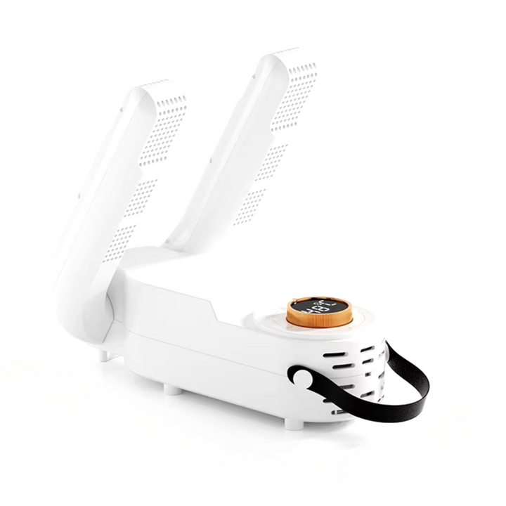Elektrischer Schuhtrockner seitlich, kompakt, in Weiß, trocknet schnell, antibakteriell, ideal für trockene, frische Schuhe.