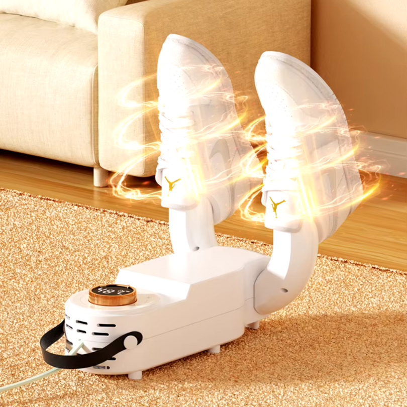 Elektrischer Schuhtrockner seitlich, kompakt, in Weiß, trocknet schnell, antibakteriell, ideal für trockene, frische Schuhe.