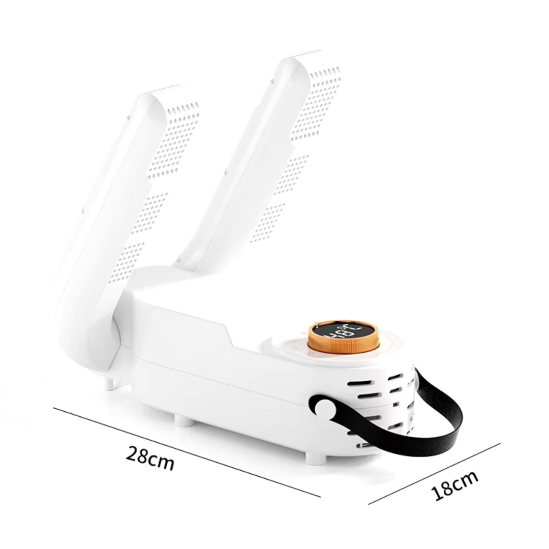 Elektrischer Schuhtrockner seitlich, kompakt, in Weiß, trocknet schnell, antibakteriell, ideal für trockene, frische Schuhe.
