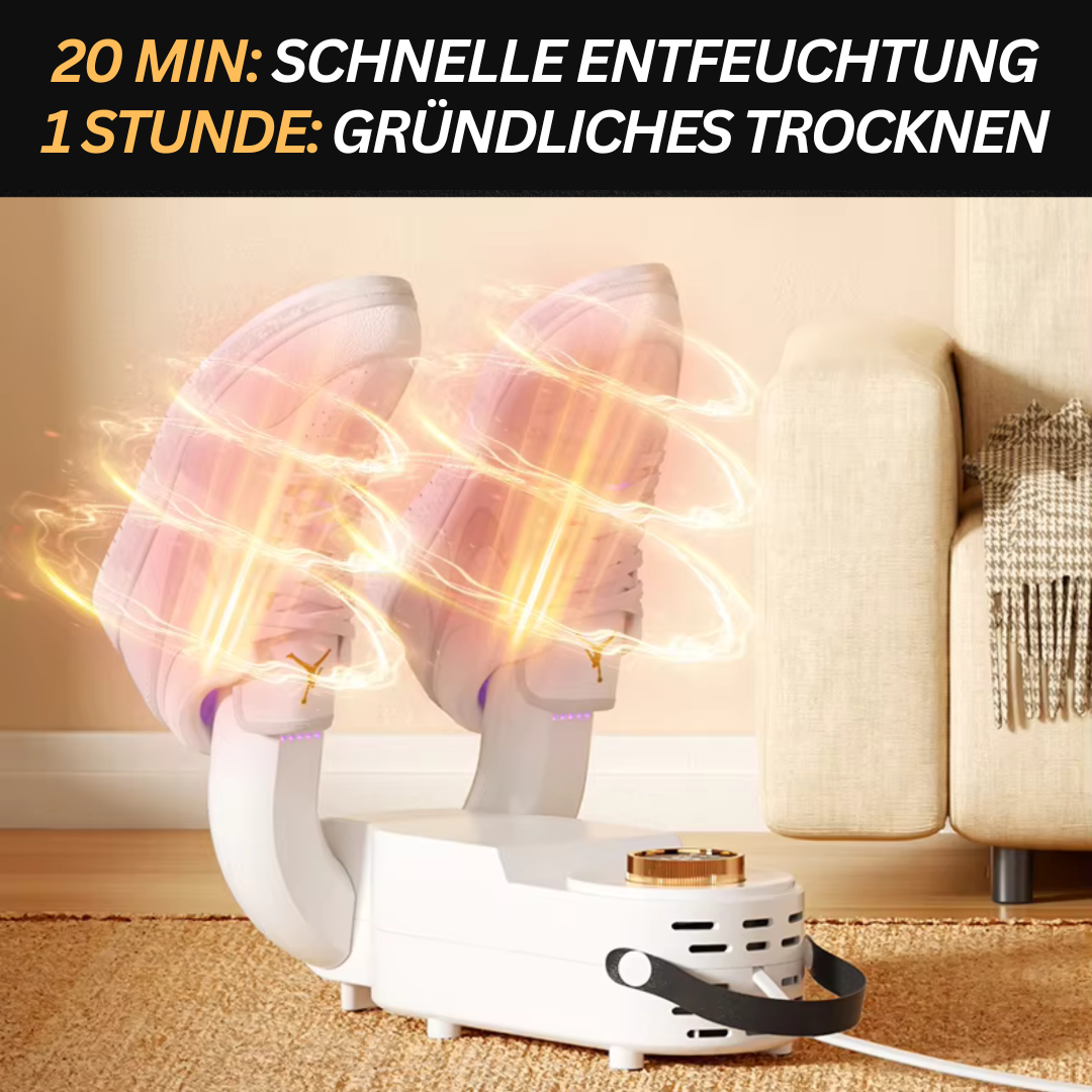 Elektrischer Schuhtrockner seitlich, kompakt, in Weiß, trocknet schnell, antibakteriell, ideal für trockene, frische Schuhe.