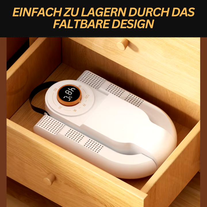 Elektrischer Schuhtrockner seitlich, kompakt, in Weiß, trocknet schnell, antibakteriell, ideal für trockene, frische Schuhe.