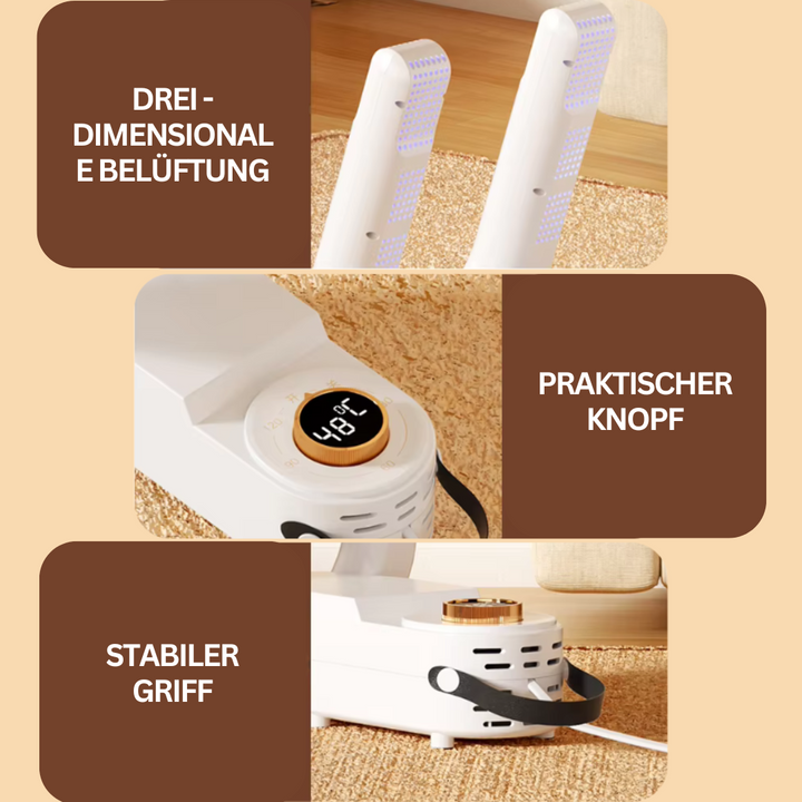 Elektrischer Schuhtrockner seitlich, kompakt, in Weiß, trocknet schnell, antibakteriell, ideal für trockene, frische Schuhe.