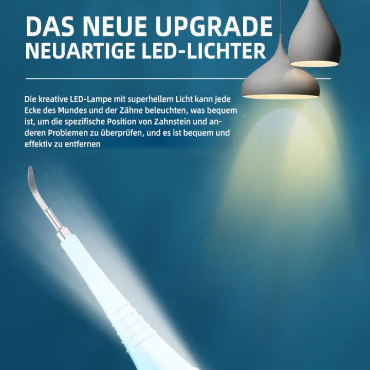 "Elektrischer Zahnsteinentferner mit LED, Aufsätzen und ergonomischem Griff, ideal für die Zahnpflege zuhause."