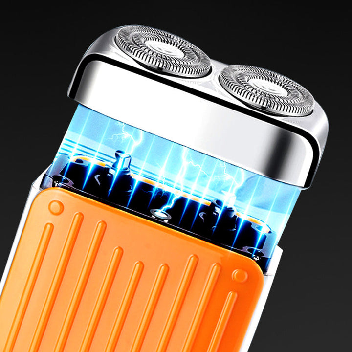 "Elektrorasierer, grau-orange, kompakt, mit LED-Anzeige und magnetischer USB-C-Aufladung für nasse/trockene Rasuren."