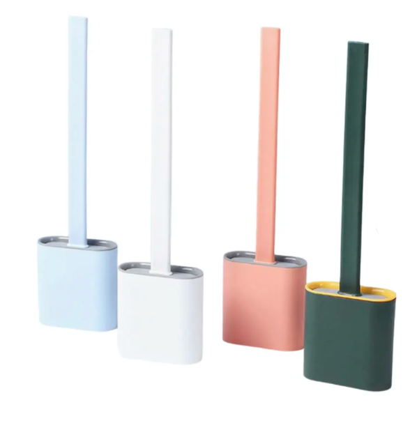 Ergonomische Silikon Toilettenbürste, flexibel, kratzfrei, hygienisch, in Blau, Rosa, Schwarz, Weiß, für saubere Toiletten.
