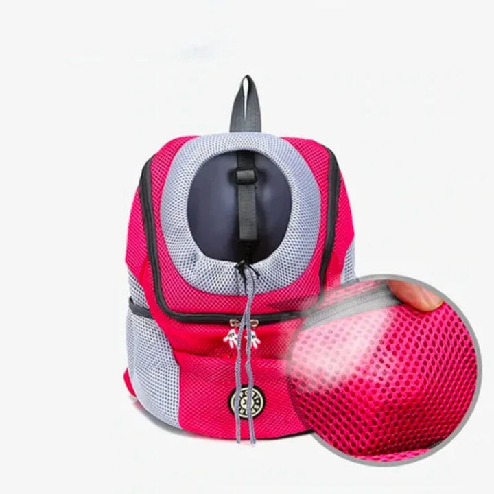 "Ergonomischer Hundetransportrucksack aus atmungsaktivem Mesh mit Polsterung, verstellbaren Trägern und praktischen Taschen."