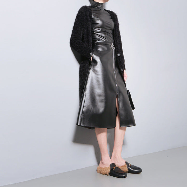 Damen Lederpullover mit Hohem Kragen - Schwarz