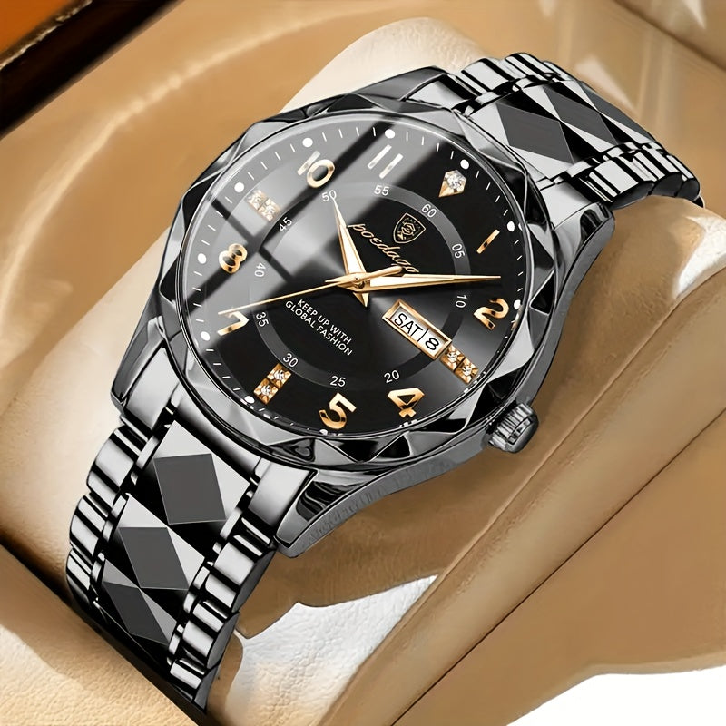 Luxus Herrenuhr, schwarz, Edelstahlarmband, analog, Datumsanzeige, elegantes Design.