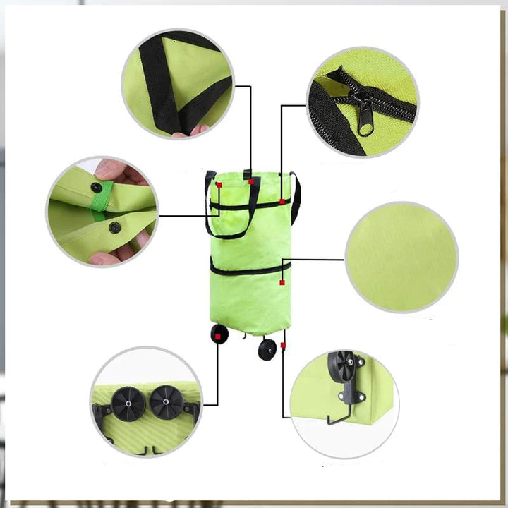 "Faltbare 2-in-1 Einkaufstasche mit Rollsystem, ideal für leichtes Ziehen großer Einkäufe, erhältlich in mehreren Farben."