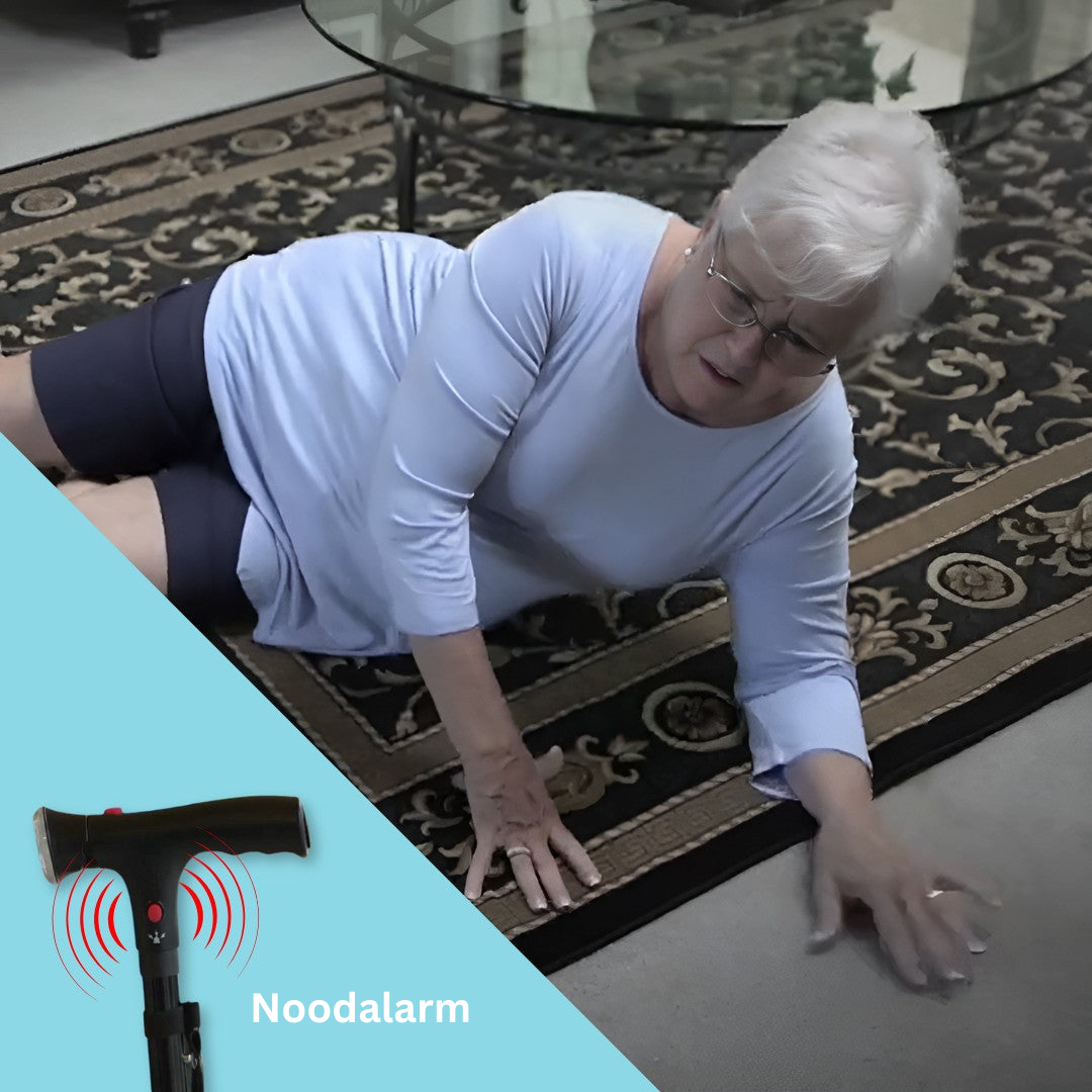 "Faltbarer Gehstock mit LED-Beleuchtung, ergonomisch und selbststehend, ideal für Tag- und Nachtspaziergänge."