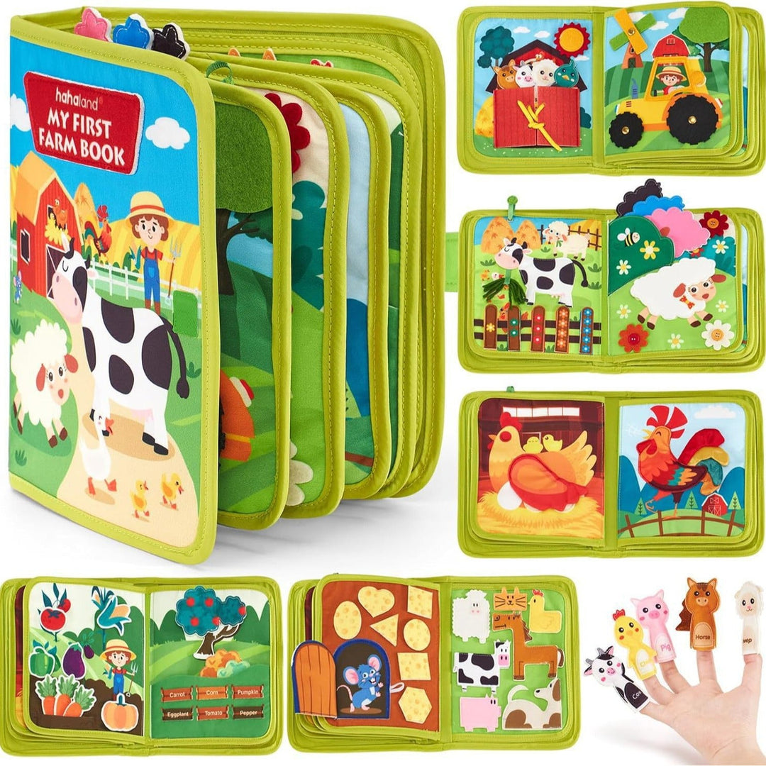 "Farbenfrohes, interaktives Montessori Farm Geschichten Buch für Kinder mit bezaubernden Tierillustrationen."