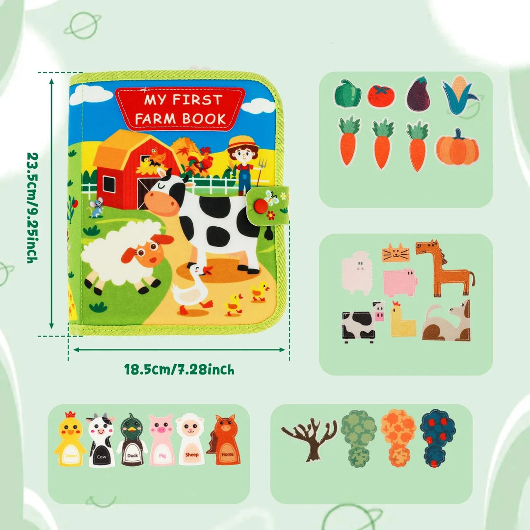 "Farbenfrohes, interaktives Montessori Farm Geschichten Buch für Kinder mit bezaubernden Tierillustrationen."