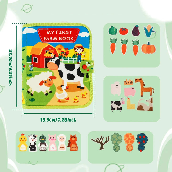"Farbenfrohes, interaktives Montessori Farm Geschichten Buch für Kinder mit bezaubernden Tierillustrationen."