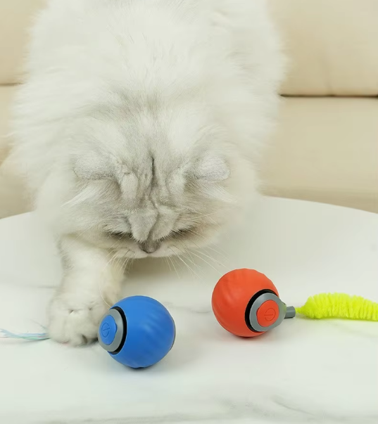"Farbenfrohes, selbstfahrendes Katzenspielzeug in Blau und Orange, bewegt sich automatisch für aktives Spielen."