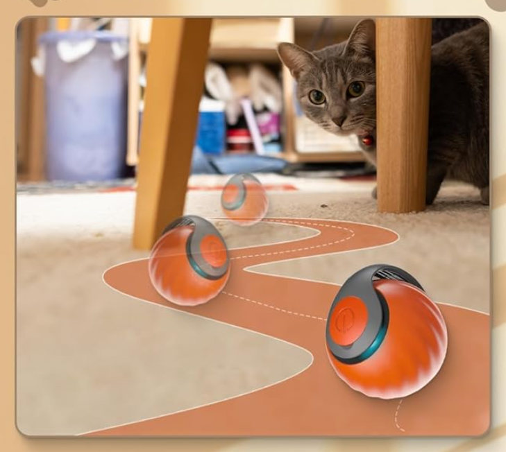 "Farbenfrohes, selbstfahrendes Katzenspielzeug in Blau und Orange, bewegt sich automatisch für aktives Spielen."