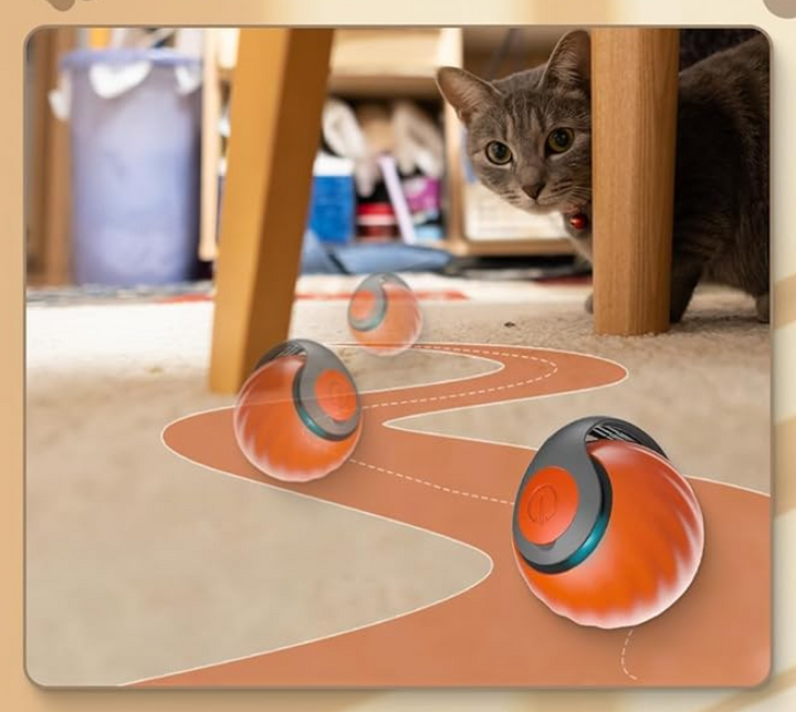 "Farbenfrohes, selbstfahrendes Katzenspielzeug in Blau und Orange, bewegt sich automatisch für aktives Spielen."