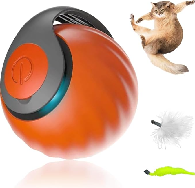 "Farbenfrohes, selbstfahrendes Katzenspielzeug in Blau und Orange, bewegt sich automatisch für aktives Spielen."