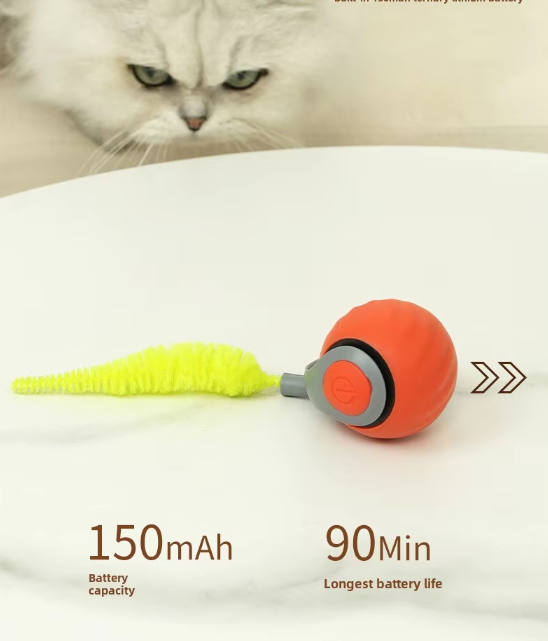 "Farbenfrohes, selbstfahrendes Katzenspielzeug in Blau und Orange, bewegt sich automatisch für aktives Spielen."