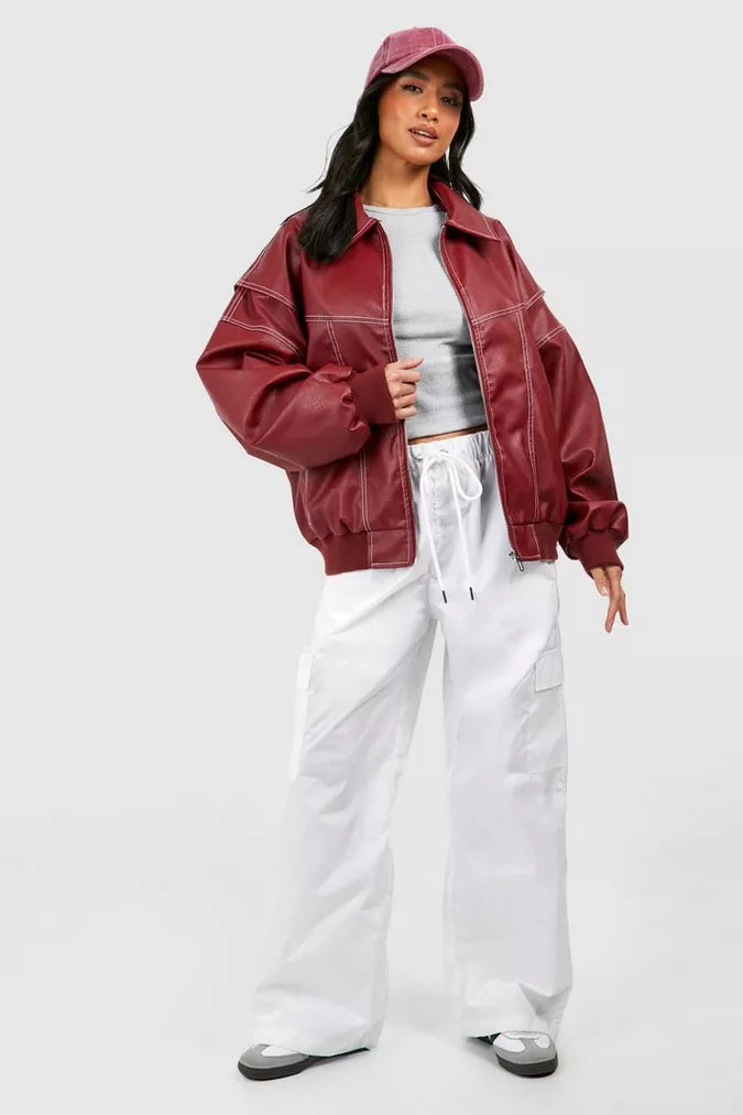 Damen Oversize Rote Lederjacke - Trendfarbe