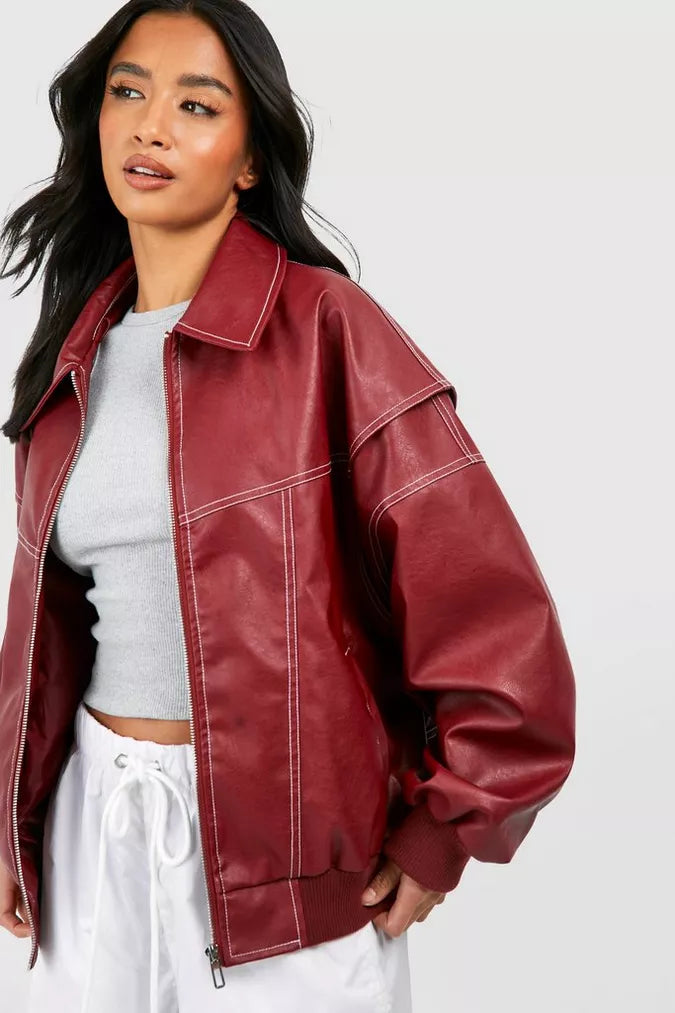 Damen Oversize Rote Lederjacke - Trendfarbe