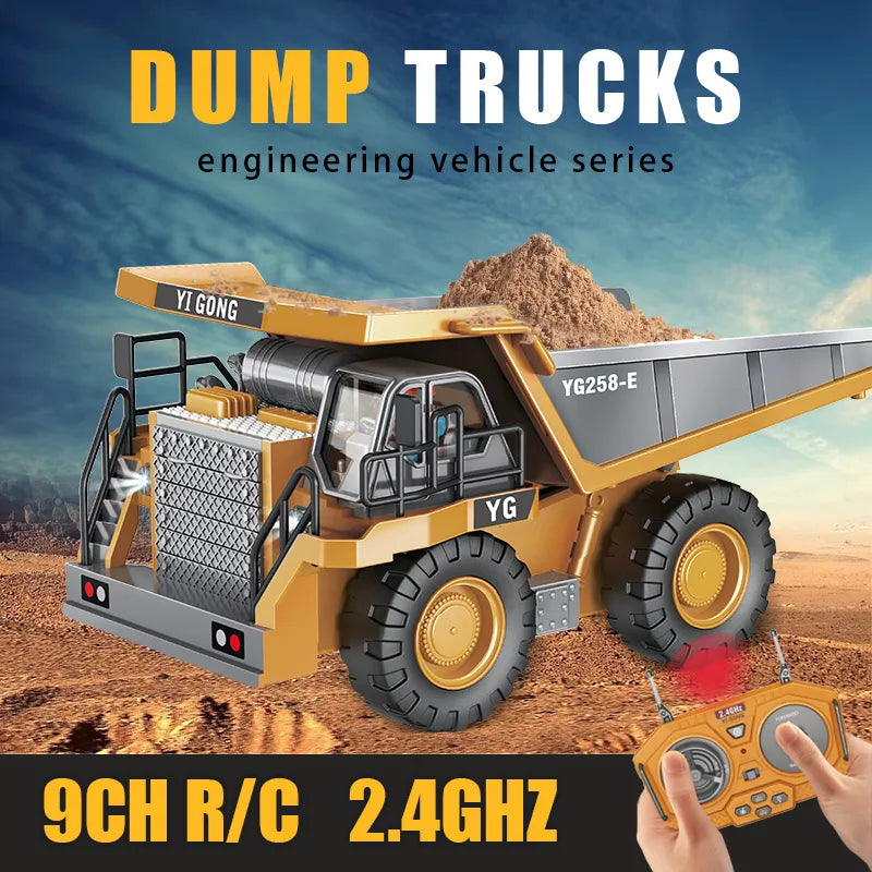 "Ferngesteuerter Baustellen-LKW mit gelber Kippmulde, robustes Design, realistische Details auf sandigem Terrain."