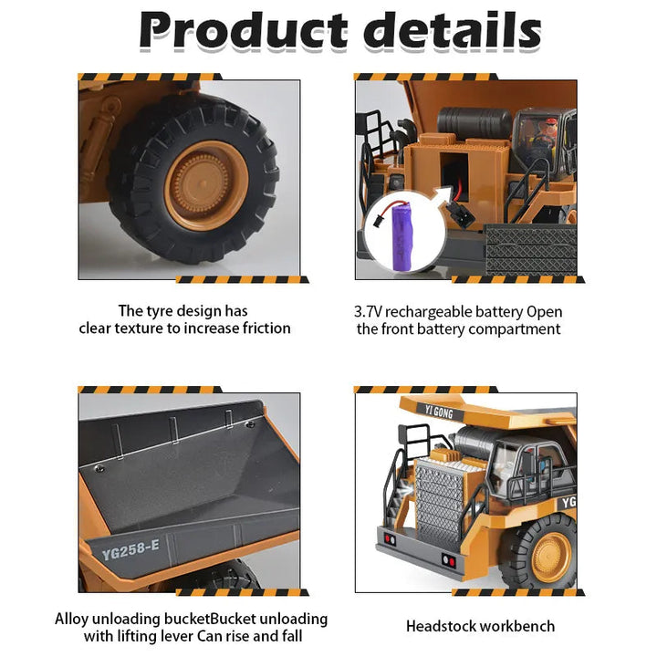 "Ferngesteuerter Baustellen-LKW mit gelber Kippmulde, robustes Design, realistische Details auf sandigem Terrain."