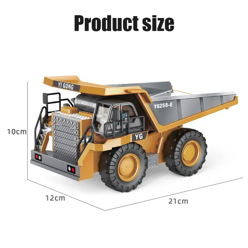 "Ferngesteuerter Baustellen-LKW mit gelber Kippmulde, robustes Design, realistische Details auf sandigem Terrain."